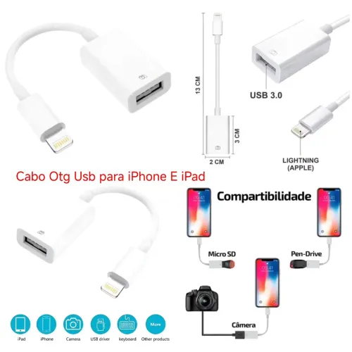 Cabo OTG USB para iPhone e iPad - Novo