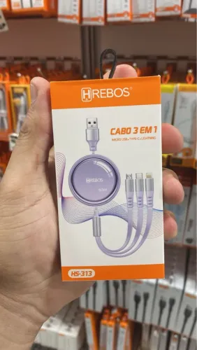 Cabo 3 em 1 HREBOS - Micro USB, Type-C e Lightning