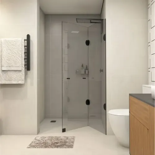 box pra banheiro 110x185 cm vidro incolor camarão 2 folhas preto sleed temper