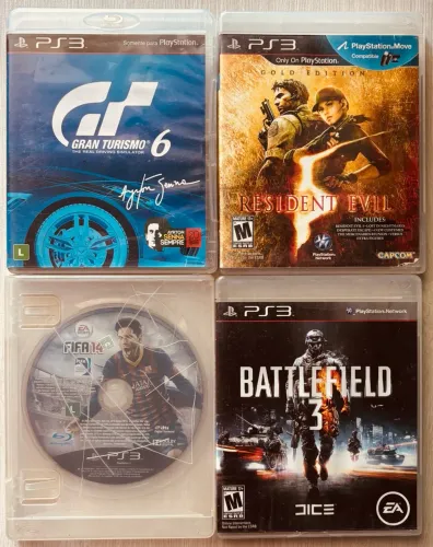 Lote 4 Jogos Físicos PlayStation 3 Gran Turismo 6 Resident Evil 5 FIFA 14 Battlefield 3