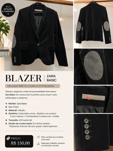 Blazer Zara Basic Original Veludo Preto c/ Cotoveleiras Tam L