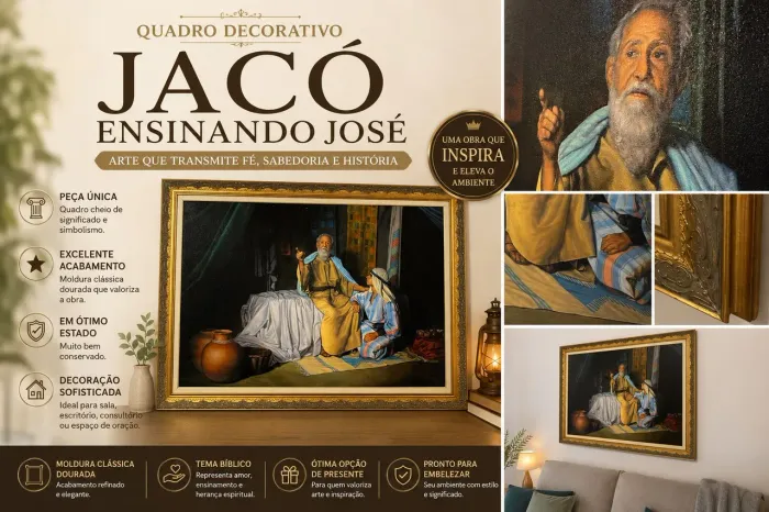 Quadro de Parede Decorativo Jacó Ensinando José Moldura Dourada Grande Luxo