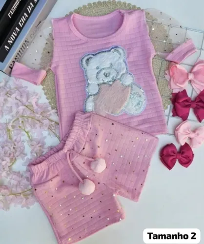 Conjunto Infantil Menina Luxo Manga Tule Rosa Tam 2