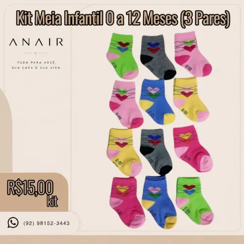 Kit Meia Infantil 0 a 12 Meses (3 Pares)