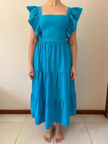 Vestido midi azul com babados M