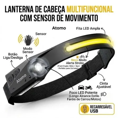?Lanterna de Cabeça Multifuncional LED com Sensor de Movimento - Nova na Caixa
