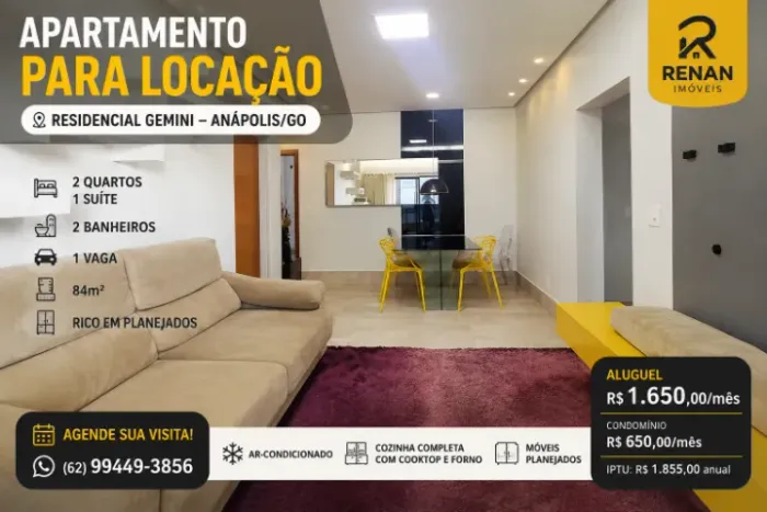 ? APARTAMENTO PARA LOCAÇÃO | RESIDENCIAL GEMINI - ANÁPOLIS/GO  ? Aluguel: R$ 1.650,00
