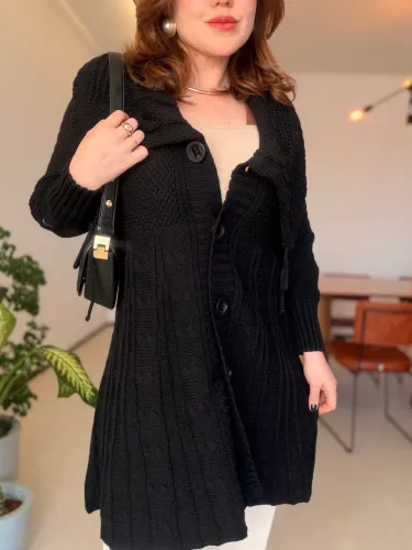 Casaco Longo de Tricot Biamar Preto U Lã Grossa