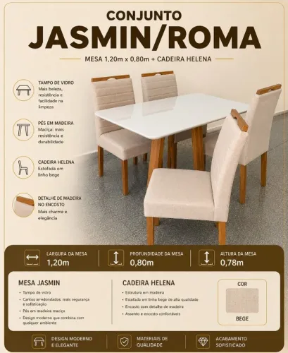 Conjunto Mesa jasmim/Roma 1,20x0,80 madeira, com 4 cadeiras no linho