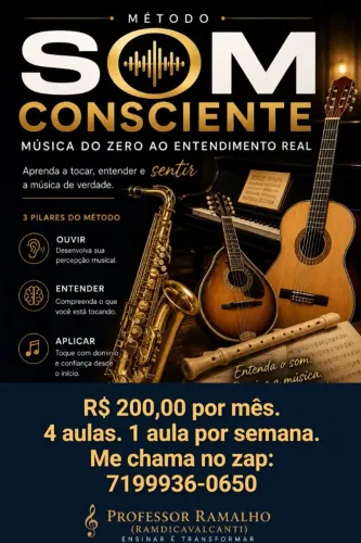Aulas de violão, piano, flauta e bandolim, leitura de partitura.
