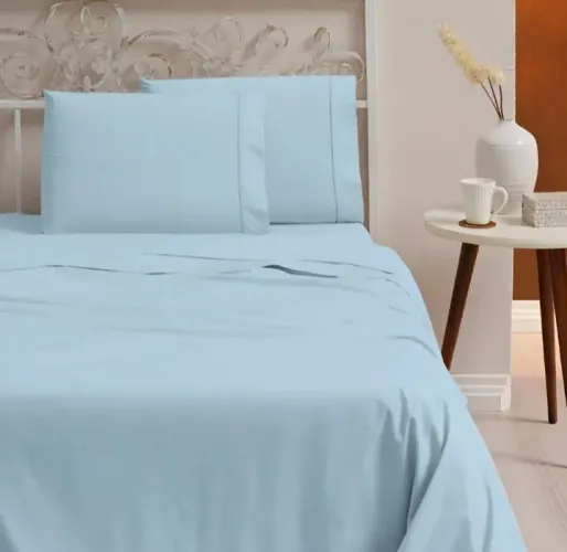Jogo de Cama Casal 4 Peças Percal 400 Fios Ponto Palito Azul