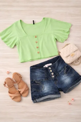 Conjunto Infantil Feminino - BLUSA + SHORT JEANS USADO