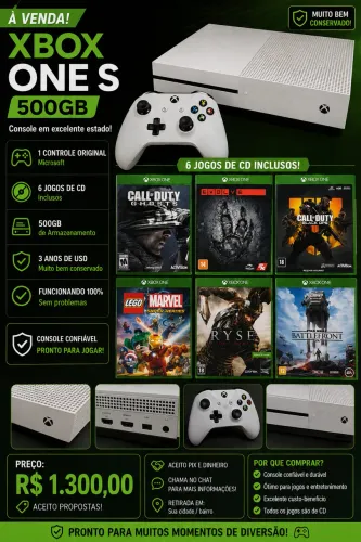 XBOX ONE S 500GB COM JOGOS E CONTROLE INTEGRADO
