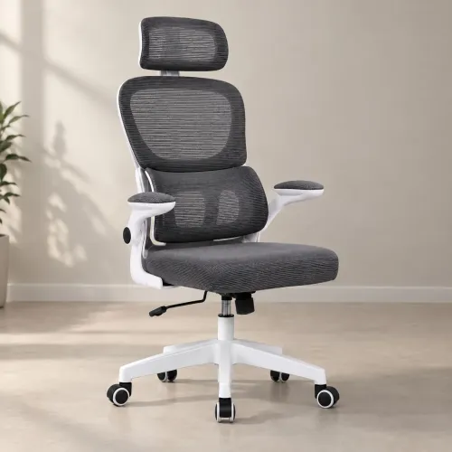 Cadeira de Escritório Ergonômica Branca e Cinza com Apoio Lombar