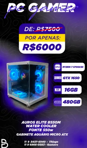     PC Gamer Ryzen 7 5700X3D + GTX 1650 + 16 GB RAM + SSD 480 GB + WATER COOLER