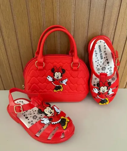 Kit Sandália Infantil Com Bolsinha Minnie Vermelha