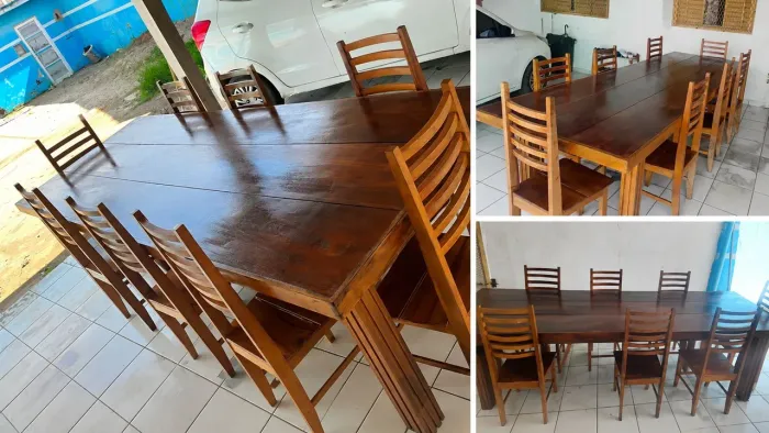Mesa de Madeira 3 Metros + 8 Cadeiras | Conjunto Completo com Verniz