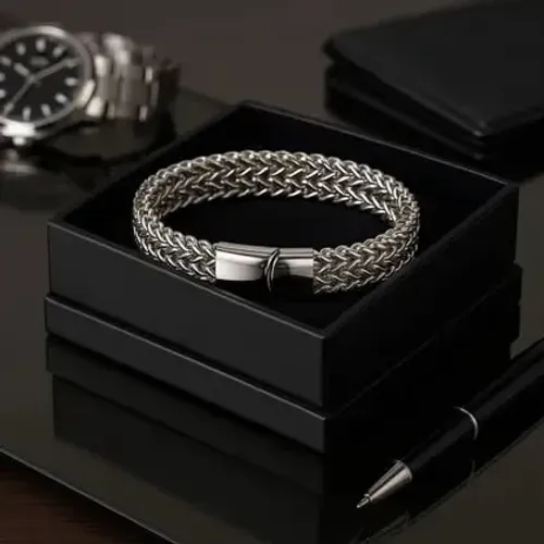 Pulseira Masculina Luxo Aço Trançado Fecho Magnético Premium