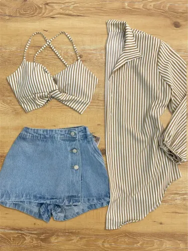 Conjunto Feminino 3 Peças - Camisa Listrada, Cropped e Short Saia Jeans