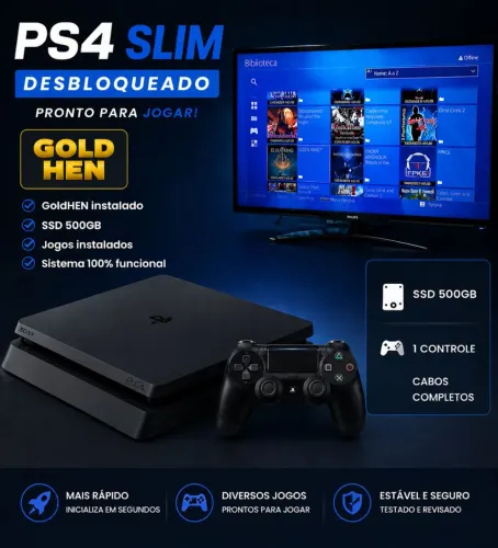 PS4 Slim 500GB Desbloqueado GoldHEN + SSD + Jogos + Controle Original