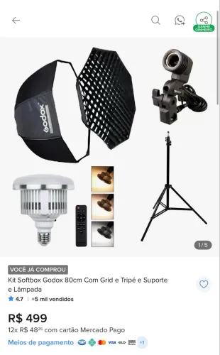 Kit Softbox GODOX 80cm com grid + tripé + lâmpada + controle de iluminação