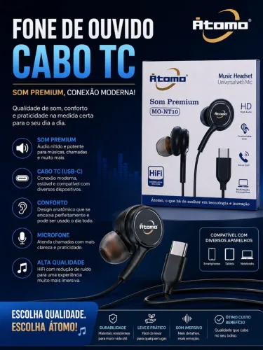 Fone de ouvido cabo tc