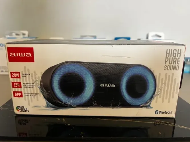 CAIXA DE SOM AIWA AWS-SP-01 20W BLUETOOTH IP65 LED NOVA ? CAIXA ABERTA