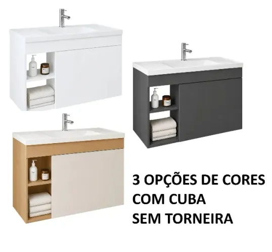 Balcão Banheiro com Cuba 60cm Suspenso Branco, Cinza ou Amadeirado