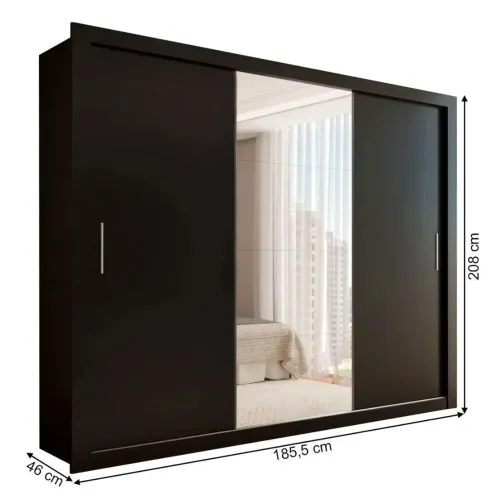 Guarda-Roupa Casal Carol 3 Portas de Correr com Espelho 4 Gavetas Preto - Panorama Móveis
