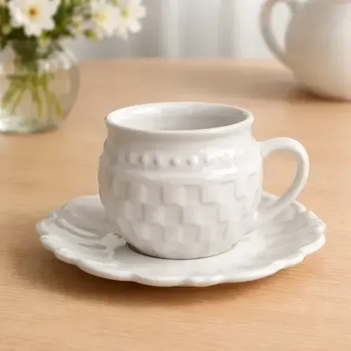 Conjunto Xícara Caneca Chá Provençe Scalla Cerâmica Relevo