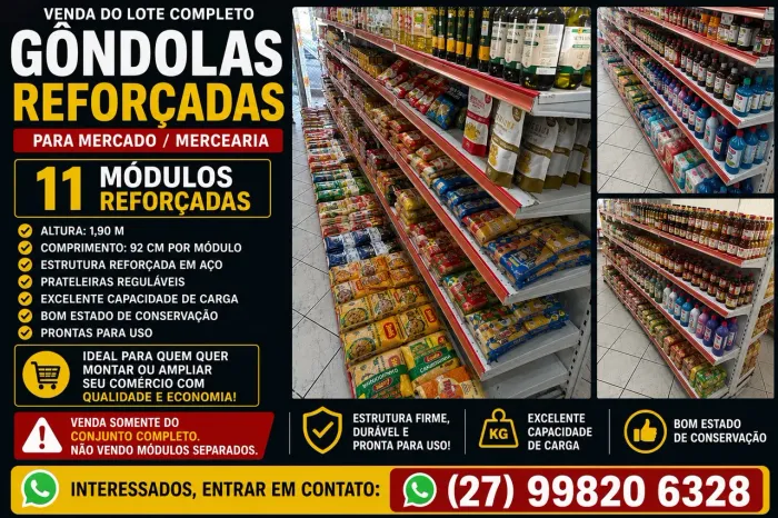 Título sugerido: 11 MÓDULOS DE GÔNDOLAS REFORÇADAS + GRANELEIRO - VENDA DO LOTE COMPLETO.