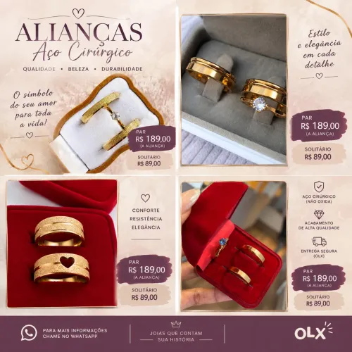 Alianças para noivado em aço cirúrgico banhado 18K - R$189