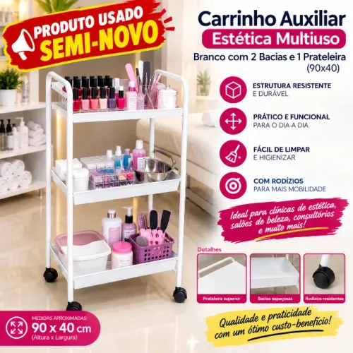 Carrinho Auxiliar Estética Multiuso Branco com 2 Bacias e 1 Prateleira (90x40)- USADA