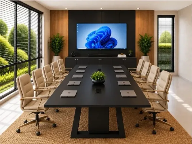 Mesa de Reunião Santoro Blackout Luxe. Painel e Armário e tomadas. L460cm x P120cm x A74cm