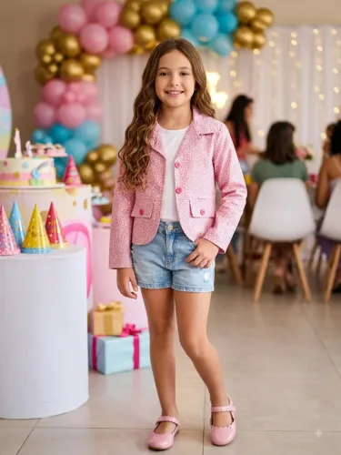 JAQUETA INFANTIL ROSA TECIDO COM ELASTANO - TAM 10 ANOS - SEMINOVA