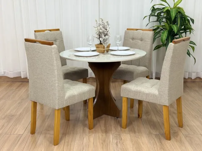 Mesa de Jantar Tampo Circular 100x100 com 4 Lugares Linho Bege