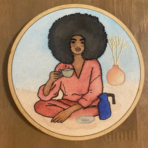 Quadro Bordado e Pintado em aquarela Coffee Time