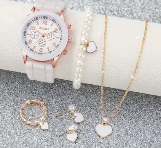 Relógio Feminino branco: Pulseira,colar, anel e brincos