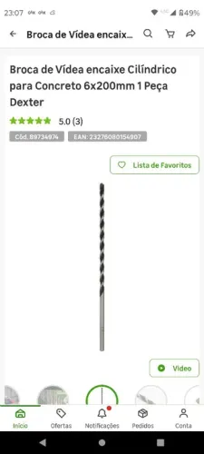 Broca de Vídea encaixe Cilíndrico para Concreto 6x200mm 1 Peça Dexter