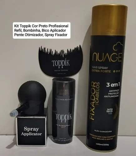 Kit Toppik Cor Preto Profissional ( Refil Bombinha Bico Aplicador Pente Otimizador Spray 
