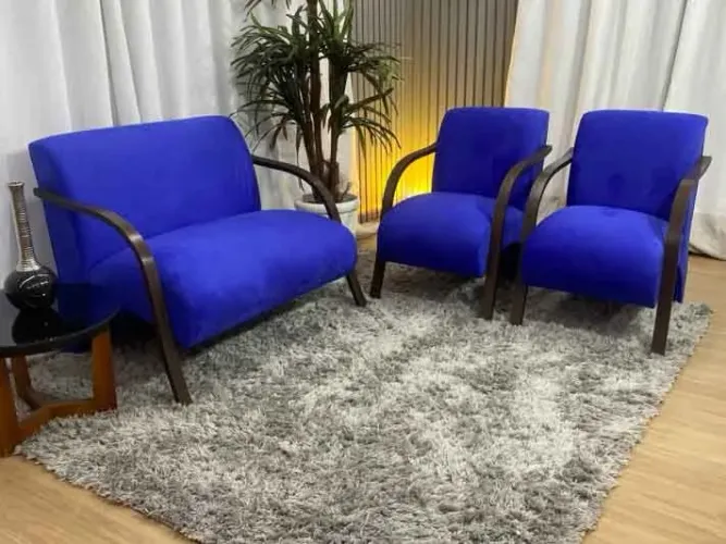 Conjunto de Poltronas 2x1x1 Azul Braço Madeira