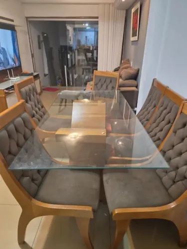 Mesa jantar tampo vidro, 8 cadeiras