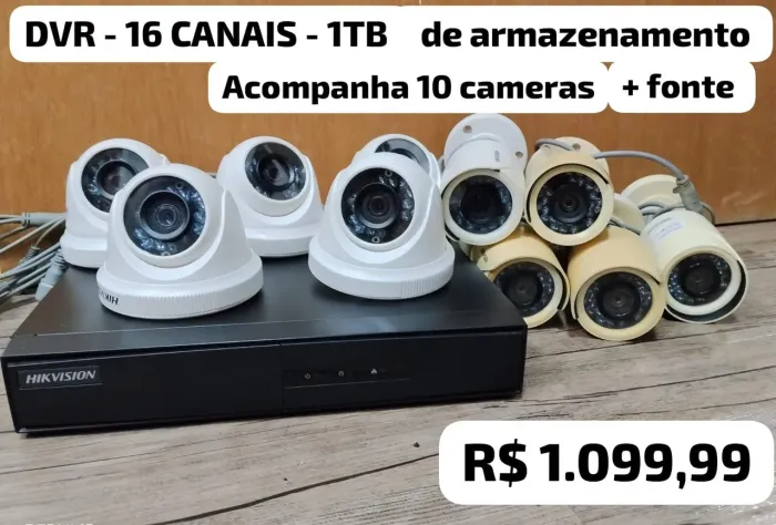 Dvr hikvision 500gb 16 canais com 10 cameras e fonte