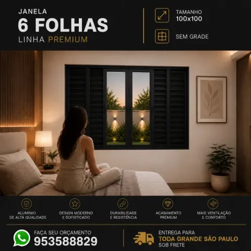 Janela Alumínio Preto 6 Folhas  Linha Premium 100x100 sem grade 