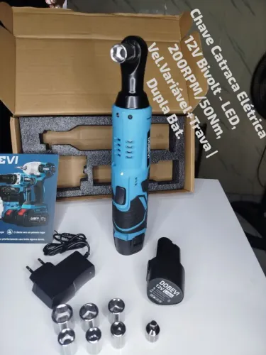 Chave Catraca Elétrica 12V Bivolt - LED, 200RPM/50Nm, Vel.Variável+Trava | Dupla Bat.