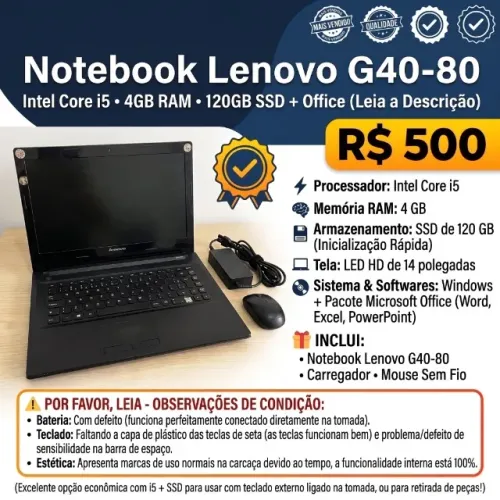 Notebook Lenovo G40-80 Intel Core i5 | 4GB RAM | SSD 120GB + Office (Leia Descrição)