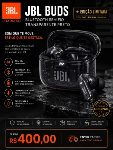 fone de ouvido jbl buds bluetooth sem fio transparente original - ed limitada