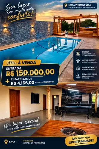 SÍTIO ALTO PADRÃO ENTRADA 150 MIL E 72 x 4,166 DIRETO COM PROPRIETÁRIO