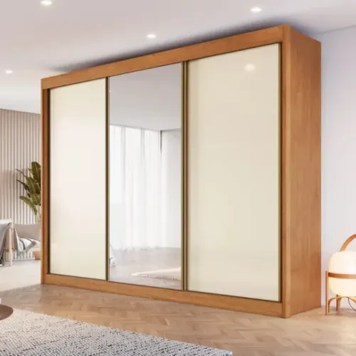 Guarda-roupa Casal 3 Portas de Correr em MDF Chicago Cinamomo/Off White