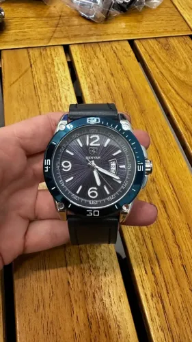 Relógio masculino Benyar aço, bisel azul, pulseira de couro